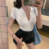 Deep V-Neck Knitted Cropped Shirt